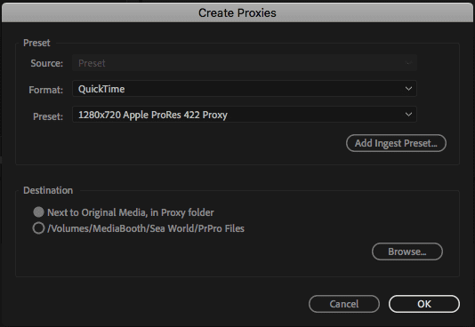 Proxy settings for Premiere Pro